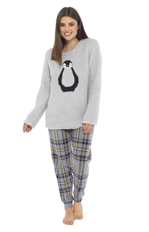 OLIVIA ROCCO Women's Teddy Fleece Pyjama Set Penguin Design Soft Cosy Nightwear Super Soft Cosy Home Loungewear
