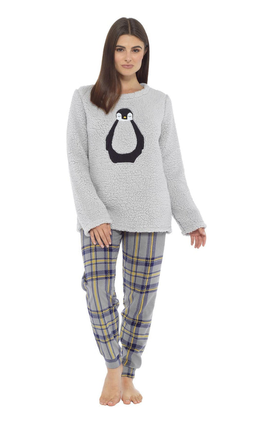 OLIVIA ROCCO Women's Teddy Fleece Pyjama Set Penguin Design Soft Cosy Nightwear Super Soft Cosy Home Loungewear