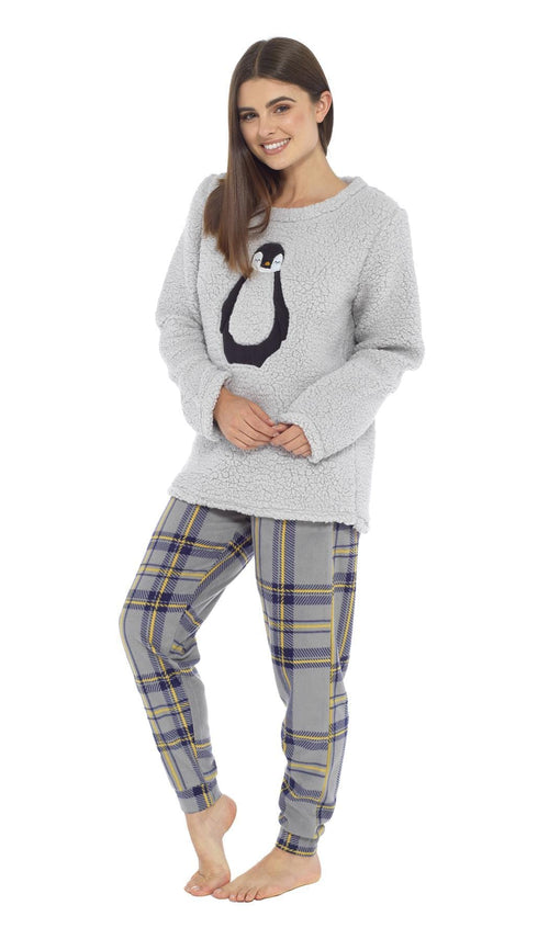 OLIVIA ROCCO Women's Teddy Fleece Pyjama Set Penguin Design Soft Cosy Nightwear Super Soft Cosy Home Loungewear