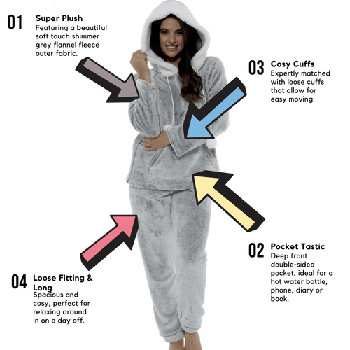 OLIVIA ROCCO Women Shimmer Grey Plush Fleece Hooded Pyjama Set With Sherpa Trim Easy-Care Super Soft Sleep Set