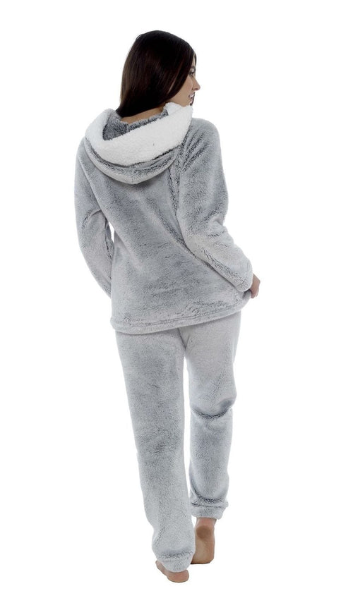 OLIVIA ROCCO Women Shimmer Grey Plush Fleece Hooded Pyjama Set With Sherpa Trim Easy-Care Super Soft Sleep Set