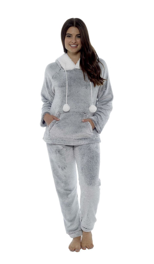 OLIVIA ROCCO Women Shimmer Grey Plush Fleece Hooded Pyjama Set With Sherpa Trim Easy-Care Super Soft Sleep Set