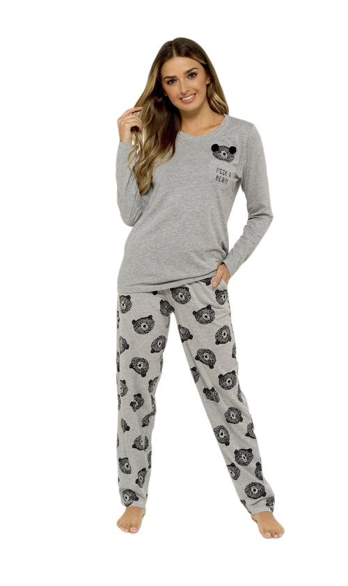 OLIVIA ROCCO Womens Grey Cotton Pyjama Set With Teddy Bear Design Cosy Easy-Care Nightwear Set
