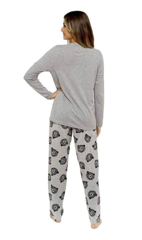 OLIVIA ROCCO Womens Grey Cotton Pyjama Set With Teddy Bear Design Cosy Easy-Care Nightwear Set
