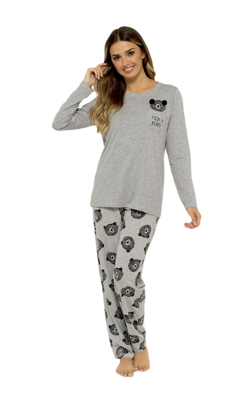 OLIVIA ROCCO Womens Grey Cotton Pyjama Set With Teddy Bear Design Cosy Easy-Care Nightwear Set
