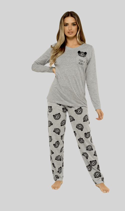 OLIVIA ROCCO Womens Grey Cotton Pyjama Set With Teddy Bear Design Cosy Easy-Care Nightwear Set