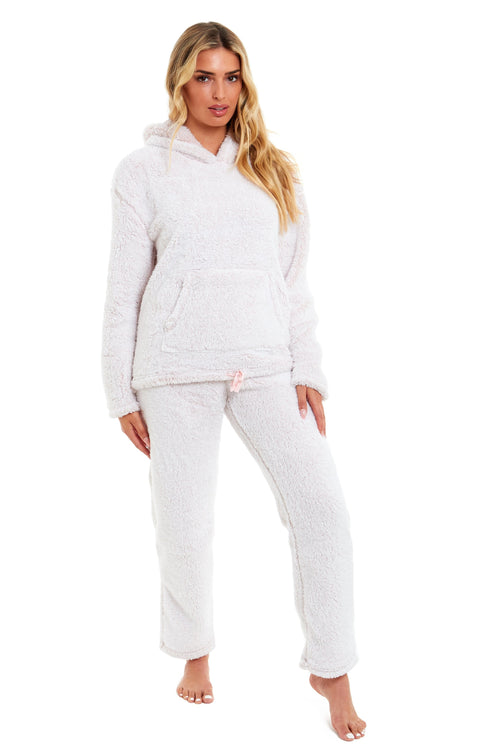 OLIVIA ROCCO Womens Pink Plush Fleece Hooded Pyjama Set Sizes 8 22 Ladies Loungewear