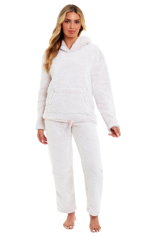 OLIVIA ROCCO Womens Pink Plush Fleece Hooded Pyjama Set Sizes 8 22 Ladies Loungewear