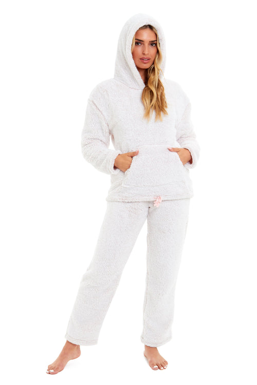 OLIVIA ROCCO Womens Pink Plush Fleece Hooded Pyjama Set Sizes 8 22 Ladies Loungewear