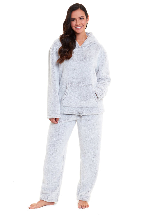 OLIVIA ROCCO Womens Plush Fleece Hooded Pyjama Set Grey Soft Teddy Fabric UK Size 8-22