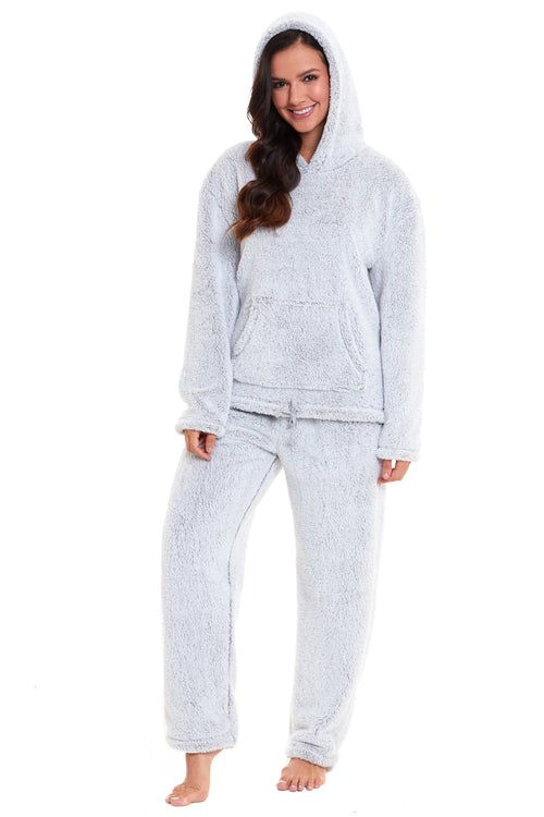OLIVIA ROCCO Womens Plush Fleece Hooded Pyjama Set Grey Soft Teddy Fabric UK Size 8-22