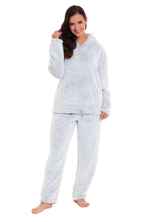 OLIVIA ROCCO Womens Plush Fleece Hooded Pyjama Set Grey Soft Teddy Fabric UK Size 8-22