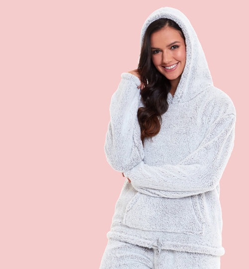 OLIVIA ROCCO Womens Plush Fleece Hooded Pyjama Set Grey Soft Teddy Fabric UK Size 8-22