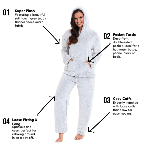OLIVIA ROCCO Womens Plush Fleece Hooded Pyjama Set Grey Soft Teddy Fabric UK Size 8-22