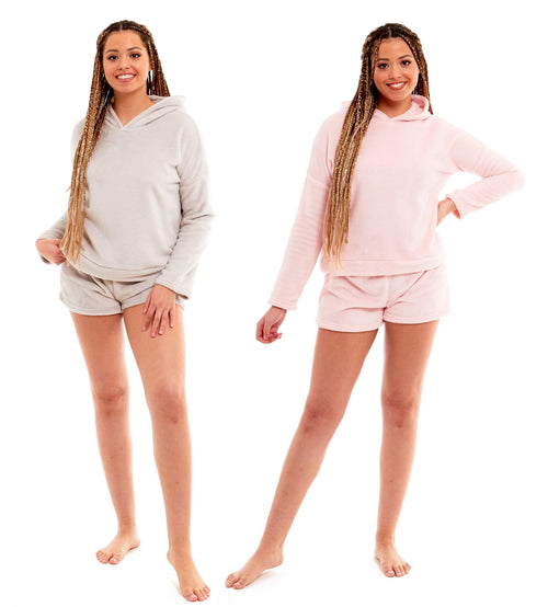 OLIVIA ROCCO Women's Hooded Fleece Top And Shorts Pyjama Loungewear Set Super Soft