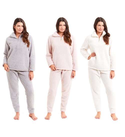 OLIVIA ROCCO Women's Teddy Fleece Lounge Set Zip Up Pyjama with Elasticated Waistband