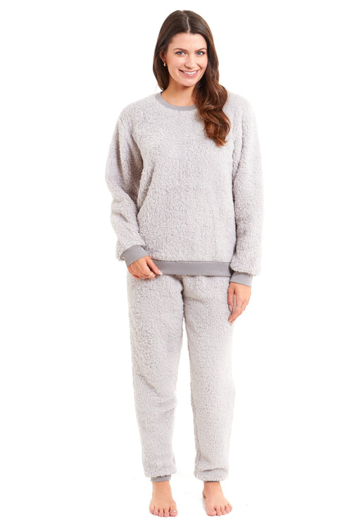 OLIVIA ROCCO Women's Teddy Fleece Pyjama Set Super Soft Stretchable Loungewear Crew Neck
