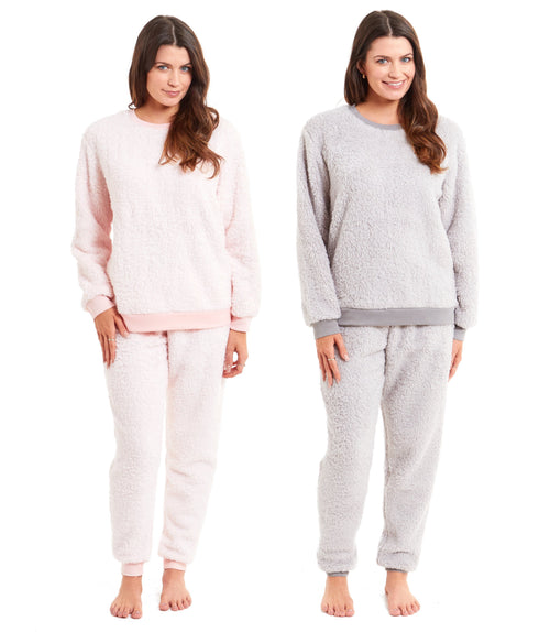 OLIVIA ROCCO Women's Teddy Fleece Pyjama Set Super Soft Stretchable Loungewear Crew Neck