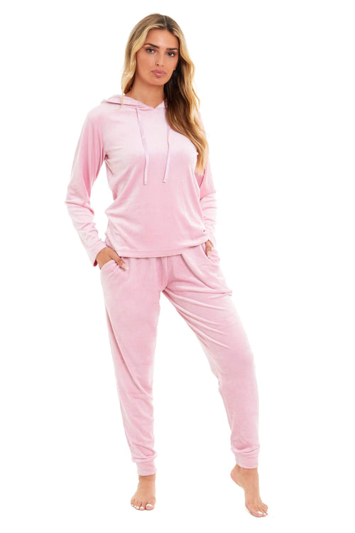 OLIVIA ROCCO Women's Velour Soft Touch Hooded Pyjama Set for Lounging and Sleep Cosy Easy-Care Nightwear Set