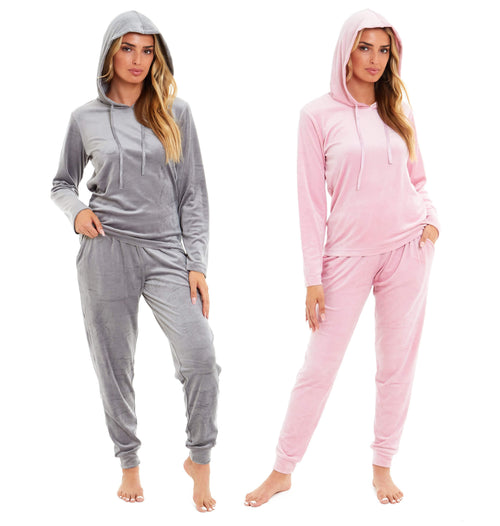 OLIVIA ROCCO Women's Velour Soft Touch Hooded Pyjama Set for Lounging and Sleep Cosy Easy-Care Nightwear Set