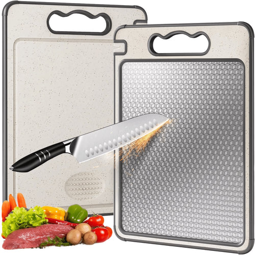 Double-Sided Stainless Steel Cutting Board with Wheat Straw & Knife Sharpener