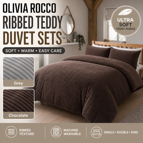 OLIVIA ROCCO Ribbed Fleece Reversible Teddy Duvet Set OEKO-TEX Certified Multiple Sizes