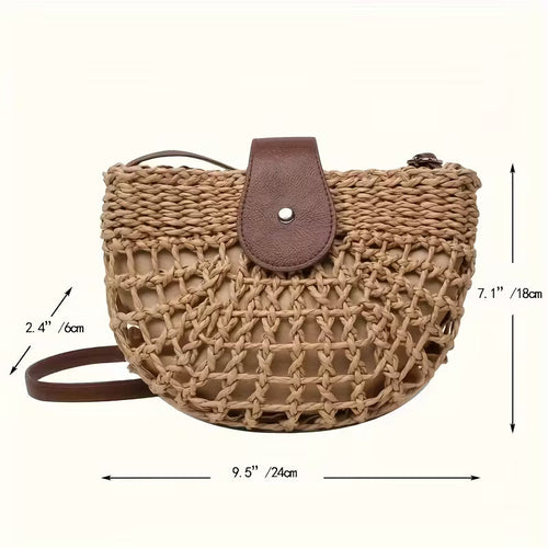 Natural Straw Half Moon Crossbody Bag Women's Raffia Beach Bag