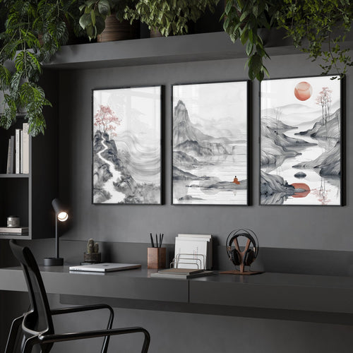 Extra Large Wall Art Framed | Set of 3 Asian Inspired Wall art Prints