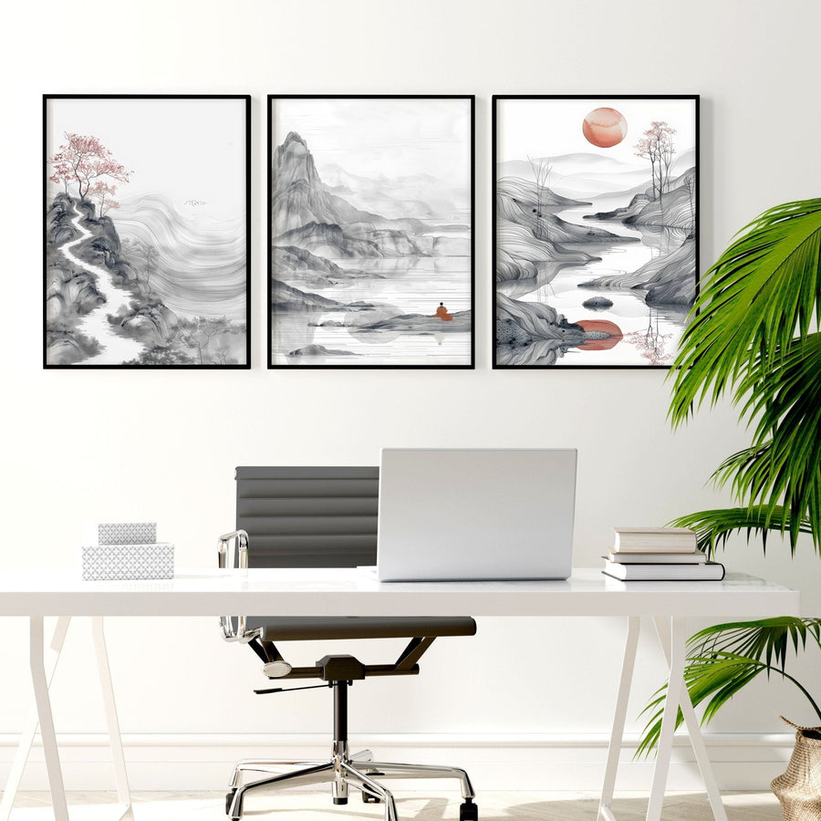 Extra Large Wall Art Framed | Set of 3 Asian Inspired Wall art Prints