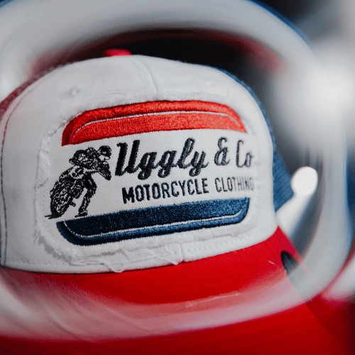 White & Red Flat Track Trucker Hat