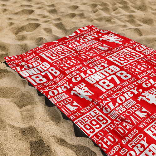 Manchester Red - Word Montage - Beach Towel - Microfibre Retro Beach Towel - 150cm x 75cm