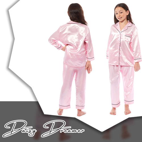 Daisy Dreamer Girls Satin Silk Pyjama Set Long Sleeve Button Down Sleepwear Luxurious