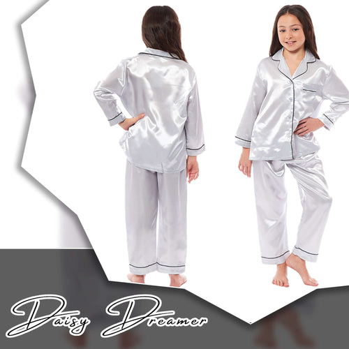 Daisy Dreamer Girls Satin Silk Pyjama Set Long Sleeve Button Down Sleepwear Luxurious