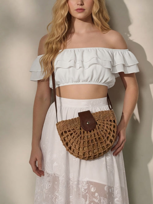 Natural Straw Half Moon Crossbody Bag Women's Raffia Beach Bag