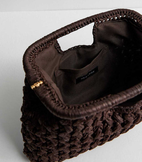 Dark Brown Woven Slouch Grab Raffia Clutch