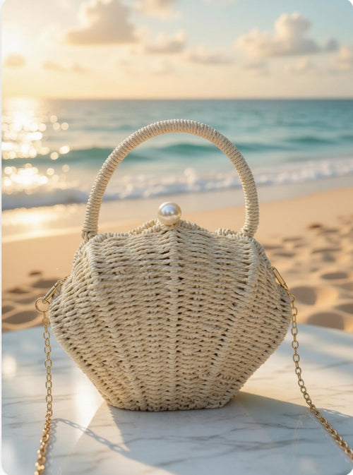 Shell Shape Raffia Clutch Woven Crossbody Shoulder Bag with Peal