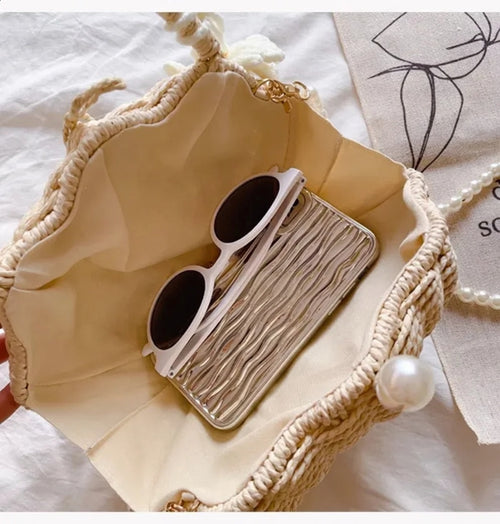 Shell Shape Raffia Clutch Woven Crossbody Shoulder Bag with Peal