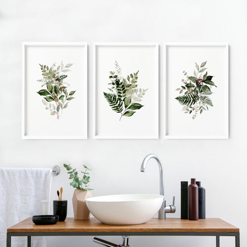 Framed art for bathroom | set of 3 Green Botanical wall art