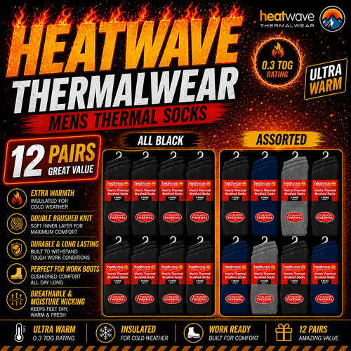 Heatwave Thermalwear Men's Black Thermal Socks 12 Pairs Double Brushed Advanced Knitting Technology