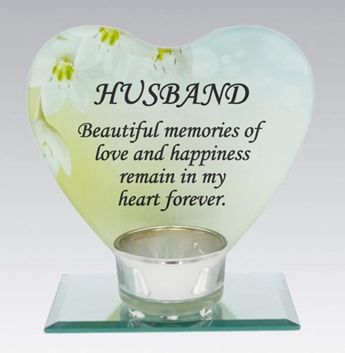 Husband Glass Heart Memorial Plaque Tealight Candle Holder Floral