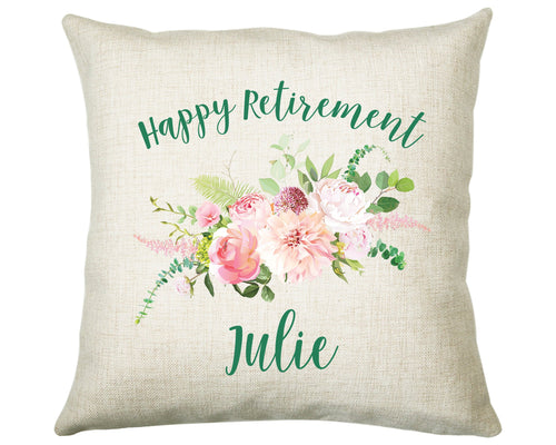 Personalised Happy Retirement Cushion Gift Flower Bouquet Printed Name Design - Pillow Gift For Retirement Present Decor Gift CS473