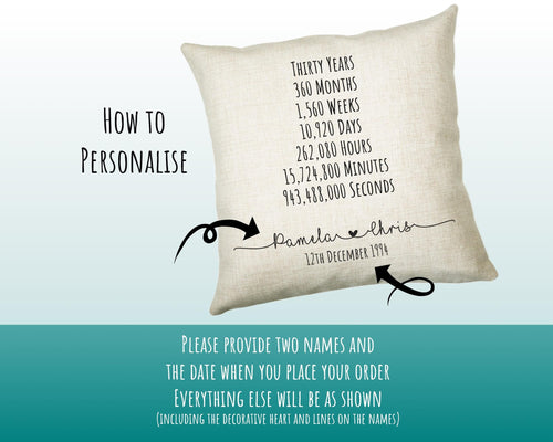 Personalised 30th Anniversary Cotton Gift Cushion Thirty Years Custom Design Gift Valentines Present - Wedding Cushion Pillow Gift CS556