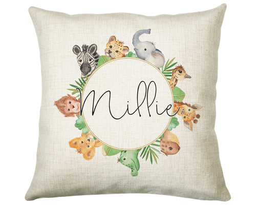 Personalised Safari Animals Cushion Gift Printed Name Design - Cushion Throw Pillow Gift For Boy Girl Nursery Bedroom Christmas Gift CS070