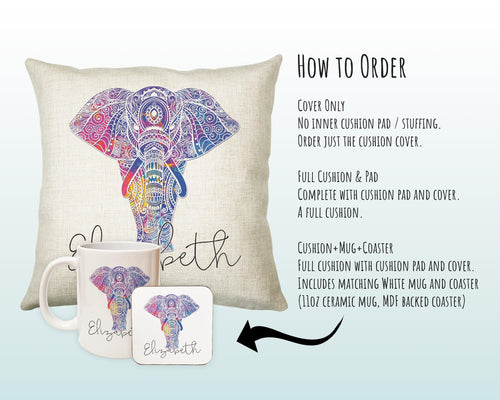 Personalised Elephant Cushion Gift Printed Name Design - Safari Cushion Throw Pillow Gift For Boy Girl Kids Bedroom Birthday Gift CS182