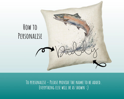 Personalised Fathers Day Gift Leaping Salmon Cushion Gift Printed Name Design - Cushion Throw Pillow Gift For Fishing Lover Fisherman CS550