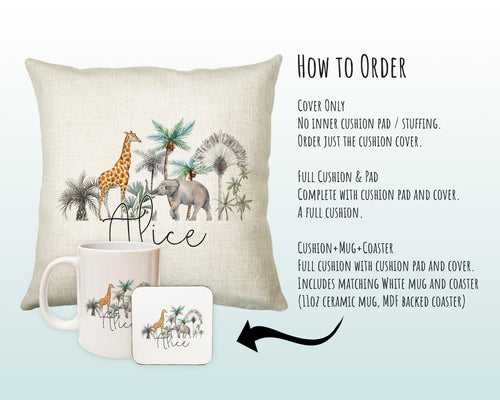 Personalised Elephant Giraffe Cushion Gift - Printed Name Design Safari Cushion Throw Pillow Gift Boy Girl Kids Bedroom Birthday Gift CS181