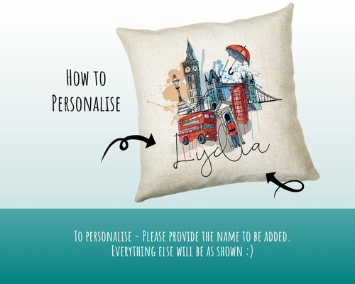 Personalised London City Watercolour Cushion Custom Design Gift Valentines Present - London Landmark Pillow Gift CS313