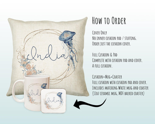 Personalised Jellyfish Cushion Gift Printed Name Design - Throw Pillow Gift For Girls Nursery Bedroom Birthday Christmas Gift CS204