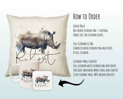 Personalised Rhino Cushion Gift Printed Name Design - Cushion Throw Pillow Gift For Mum Dad Friend Bedroom Birthday Christmas Gift CS085