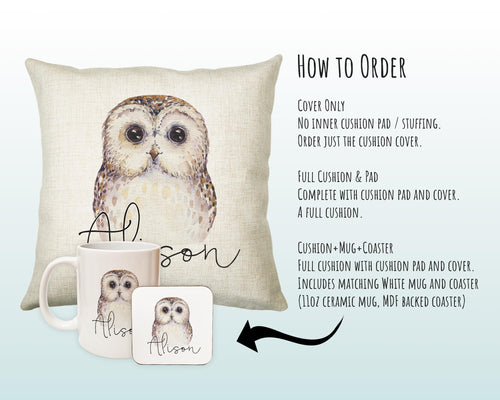 Personalised Owl Cushion Gift Printed Name Design - Cushion Throw Pillow Gift For Boys Nursery Bedroom Birthday Christmas Gift CS033